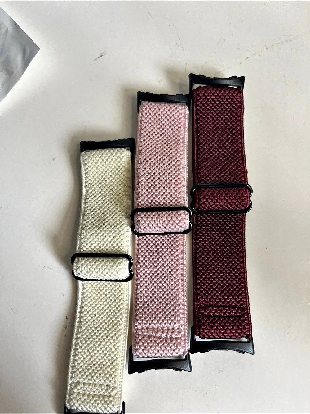 Stretchy, Woven Watch Bands 3-Piece Set in Brown, Pink and Cream.